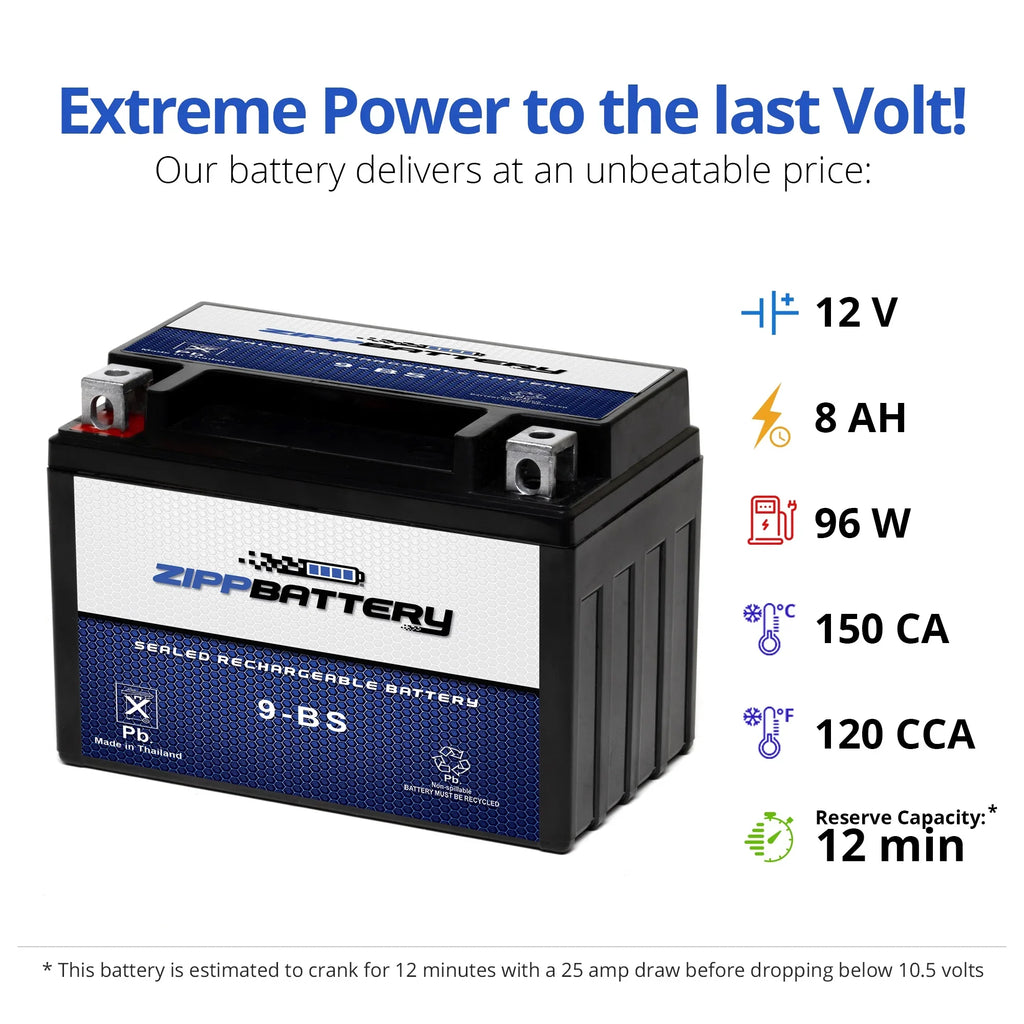 for 12 Elite Honda 85'-86' (9-BS Scooter Volt,8 120 Battery CCA) Ah, YTX9-BS Ch150 150cc Zipp Battery