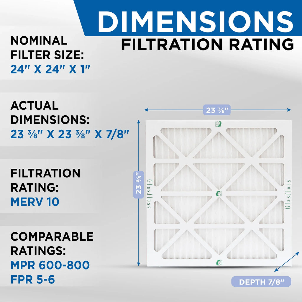 Pack 24x24x1 Pleated x 12 Air 23-3/8 Glasfloss. 23-3/8 x 10 Size: Filters of Actual by MERV 7/8